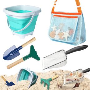 5 PCS Sand Toys Beach مجموعة من مجارفتين معدنيتين ، 1 دلو شاطئ قابل للطي و 1 Sand Sifter مع حقيبة شاطئية واحدة لجمع القذائف
