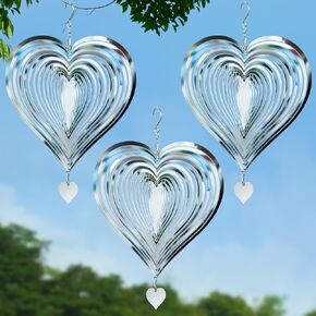 3 PCS Heart Wind Spinner ، ثلاثية الأبعاد في الهواء الطلق معلقة معلقة تتدفق الفولاذ المقاوم للصدأ المقاوم للصدأ ديكور رنين الرياح مع 360 درجة خطاف الدور