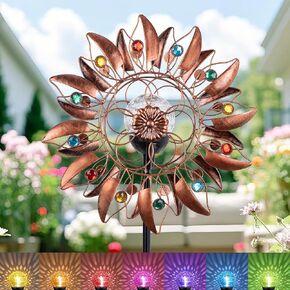 Solar Wind Spinner Sculptures Waterproof Outdoor with Multi-Color LED Glass Ball Light Dual Direction Metal Flower Decor Yard Kinetic Windmill Decorative Lights for Lawn Garden Patio