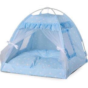 Cat Princess Indoor Tent House - Dog House Indoor/Outdoor Lace Mesh Windows Door Stertains Door Door Curtains Cave Cave Protable Bed Branny and Puppy (Blue ، S)