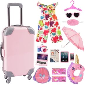 Babeside 15 PCS Doll Associory Suitcase Arggage Travel Set ، أشياء مقابل 18 بوصة دمى الأطفال ، أكياس كاميرا كمبيوتر الهاتف الخليوي.