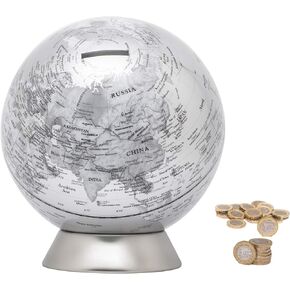 Exerz Money Box Globe ، Piggy Bank 6.3 "قطره ، خريطة سياسية ، نظرة معدنية معاصرة ، قاعدة من الفولاذ المقاوم للصدأ ، تعليمية وزينة