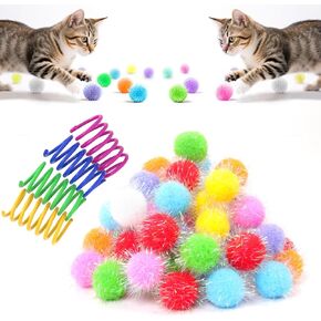 64pcs Cat Pom Pom Balls & 4pcs Cat Springs - 1.5 بوصة كرات القط التفاعلية ، ألعاب القطط اللطيفة الملونة لللعب الداخلي ، آمنة للقطط ، ديكور Craft Diy