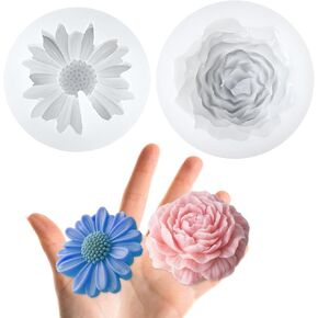 Daisy Flower Silicone Mould ، 2 pcs أبيض chrysanthemum قوالب كعكة فندان تتفتح 3D زهرة فندان الشوكولاتة شمعة القالب ل DIY صابون شمعة راتنج راتنج شمع (1 ديزي 1 الفاوانيا)