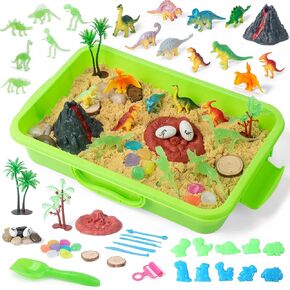 لعبة Dinosaur Sensory Bin للأطفال الصغار ولعب الرمال المطل على الأطفال تشمل Glow في الديناصورات المظلمة من 3-6+