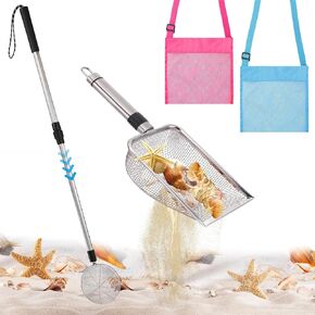 2 حزمة أسماك القرش البحرية مع أكياس الصدف ، 21.8in ~ 34in sifter القابلة للتعديل sifter & beach مجرفة ، ألعاب الرمال الشاطئية للأطفال البالغين الذين يلتقطون القذائف الفتيات الفتيان