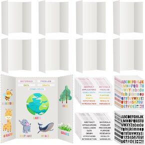 Teling 40 Pcs Trifold Poster Board 36" x 48" Large Science Fair Display Board Lightweight Fold Presentation Paperboard 8 Trifold Display Paperboard and 16 Letter Stickers and 16 Pcs Science Titles