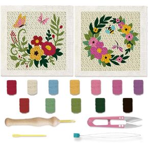 BEUNITONE 2 مجموعات Flower Punch Kits Begrfly Beatch Punch Attizions مع مجموعة أدوات التطريز المبتدئة مع تعليمات للطلاء المعلقة على الجدار 9.4 'x 9.4' '