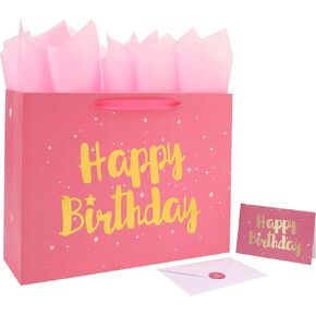 16.5" Extra Large Pink Happy Birthday Gift Bag Set with Handles, Greeting Card, Tissue Papers and Stickers for Women Girls Kids, Stars Design, 1 Pcs.