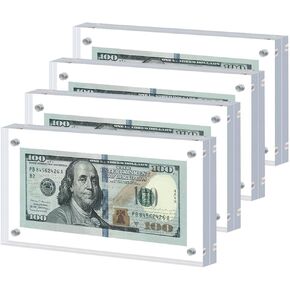 4 Pack Dollar Bill Frame Display Acrylic Currency Display Self Standing Dollar Bill Holder, 3.9X7.8 Inch Magnet Dollar Bill Frame for Bills, Tickets, and Postage Stamps
