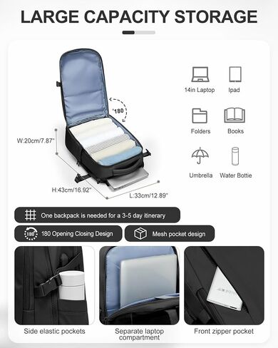 Black Travel Backpack for Women Mens Backpack Carry On Flight Approved personal item bag, 14 Inch Anti Theft Laptop Backpack Waterproof for Weekender Traveling Hiking in Saudi Arabia