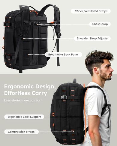 حقيبة ظهر Tolaccea Travel Backpack ، TSA Friendly Flight Abded On Argage Argage مقاومة للمياه ، وحمامات تجارية متينة للكمبيوتر ، حزمة Daypack متينة تصل إلى 15.6 بوصة ، 35-45L قابلة للتوسيع-أسود قابلة للتوسيع in Kuwait