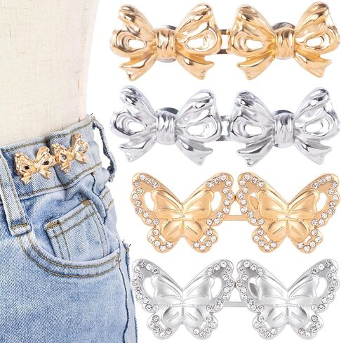 4 Sets Waist Tightener Button for Women, No Sewing Bow Jeans Tightener Pin, Detachable Bow Waist Knot Clip for Pants Skirt Waist Too Loose Big- Silver & Black in Saudi Arabia