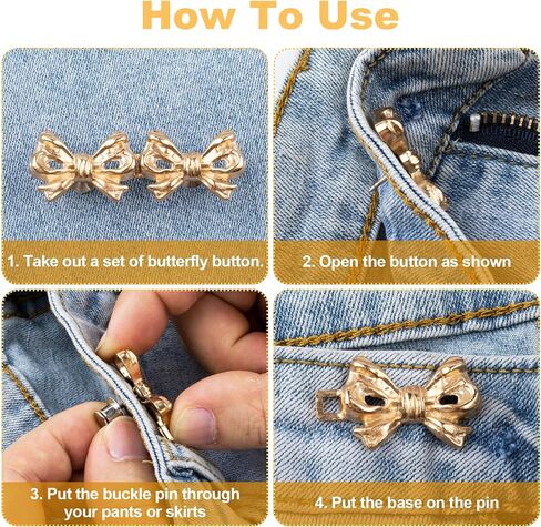 4 Sets Waist Tightener Button for Women, No Sewing Bow Jeans Tightener Pin, Detachable Bow Waist Knot Clip for Pants Skirt Waist Too Loose Big- Silver & Black in Saudi Arabia