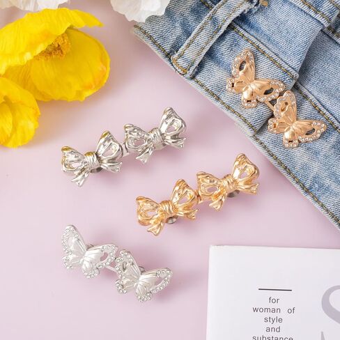 4 Sets Waist Tightener Button for Women, No Sewing Bow Jeans Tightener Pin, Detachable Bow Waist Knot Clip for Pants Skirt Waist Too Loose Big- Silver & Black in Saudi Arabia