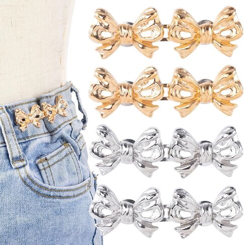 4 Sets Waist Tightener Button for Women, No Sewing Bow Jeans Tightener Pin, Detachable Bow Waist Knot Clip for Pants Skirt Waist Too Loose Big- Silver & Black in Saudi Arabia
