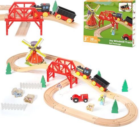 Wdmiya Wooden Train Set for Toddlers, 38 Pcs Wooden Train Track for Kids, Train Toy with Bridge and Tracks (Fits Thomas & Brio), Christmas Birthday Trains Gift for 2 3 4 5 6 7 8 Years Old (Pinwheel) in Saudi Arabia