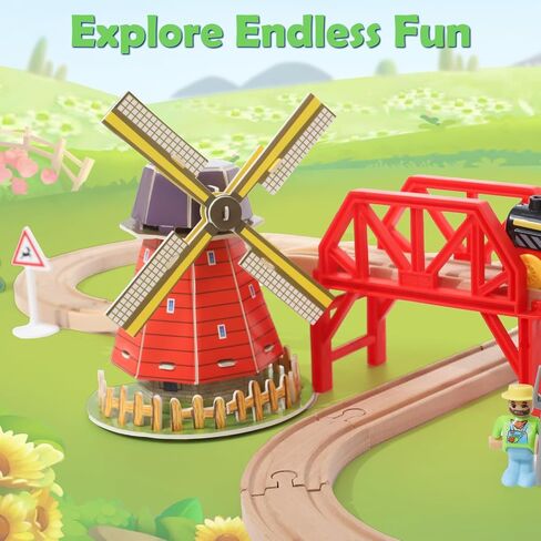 Wdmiya Wooden Train Set for Toddlers, 38 Pcs Wooden Train Track for Kids, Train Toy with Bridge and Tracks (Fits Thomas & Brio), Christmas Birthday Trains Gift for 2 3 4 5 6 7 8 Years Old (Pinwheel) in Saudi Arabia