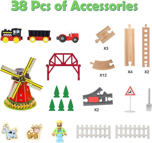 Wdmiya Wooden Train Set for Toddlers, 38 Pcs Wooden Train Track for Kids, Train Toy with Bridge and Tracks (Fits Thomas & Brio), Christmas Birthday Trains Gift for 2 3 4 5 6 7 8 Years Old (Pinwheel) in Saudi Arabia