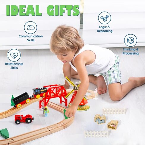 Wdmiya Wooden Train Set for Toddlers, 38 Pcs Wooden Train Track for Kids, Train Toy with Bridge and Tracks (Fits Thomas & Brio), Christmas Birthday Trains Gift for 2 3 4 5 6 7 8 Years Old (Pinwheel) in Saudi Arabia