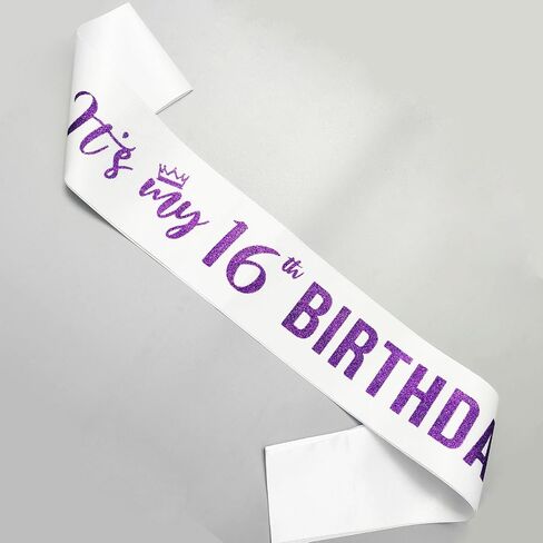 Sweet 16 Sash Purple,It’s My 16th Birthday Sash,16th Birthday Sash for Girls,Glitter Letter 16th Birthday Sash for Girls,Happy 16th Birthday Party Decorations,Black and Purple in Saudi Arabia