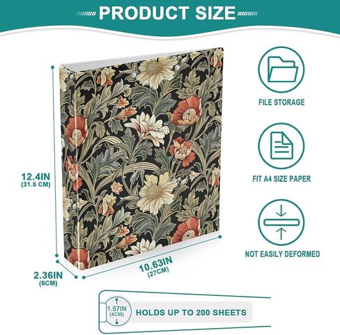 ويليام موريس على غرار الأزهار اللون الأخضر الأسود 3 رنين رنين 1.5 "مزخرفة D-Ring Binder مع الحافظة و 3 جيوب صافية ، يحمل 200 ورقة A4 ورقة مقاومة للماء لمكتب المدرسة المدرسة in Kuwait