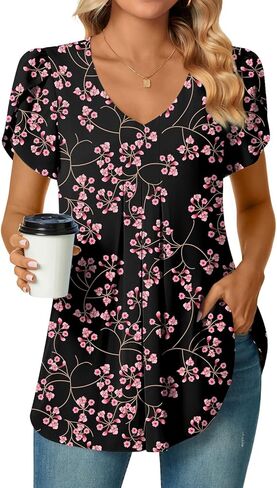 Bestbee Women's Dressy Chiffon Blouse Shirts Pleated Tunic Tops V Neck Petal Short Sleeve Casual T-Shirts 2024 Summer Tops in Kuwait