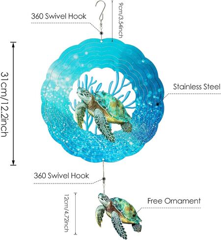 Sea Turtle Wind Spinners Outdoor Clearance - 12 Inches Hanging Stainless Steel Wind Sculpture Patio Lawn Yard Balcony Art Outside Aesthetic Decorations Cute Animal Wind Chime Creative in Saudi Arabia
