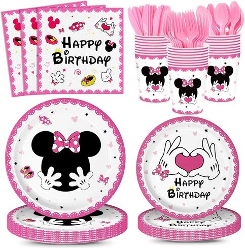 168pcs Pink Mouse Party Party Supplies Girls Birthday Plates Napkins Paper 1st 2nd 3rd Tableware Set Party Birthday Party Stariber Mathware Service 24 ضيفًا in Kuwait