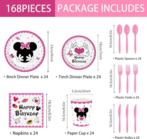 168pcs Pink Mouse Party Party Supplies Girls Birthday Plates Napkins Paper 1st 2nd 3rd Tableware Set Party Birthday Party Stariber Mathware Service 24 ضيفًا in Kuwait
