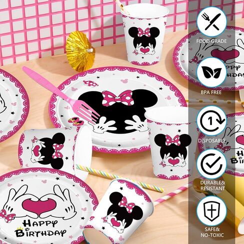 168pcs Pink Mouse Party Party Supplies Girls Birthday Plates Napkins Paper 1st 2nd 3rd Tableware Set Party Birthday Party Stariber Mathware Service 24 ضيفًا in Kuwait