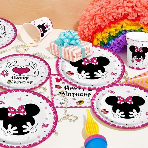 168pcs Pink Mouse Party Party Supplies Girls Birthday Plates Napkins Paper 1st 2nd 3rd Tableware Set Party Birthday Party Stariber Mathware Service 24 ضيفًا in Kuwait