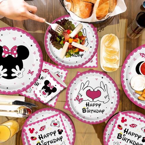 168pcs Pink Mouse Party Party Supplies Girls Birthday Plates Napkins Paper 1st 2nd 3rd Tableware Set Party Birthday Party Stariber Mathware Service 24 ضيفًا in Kuwait
