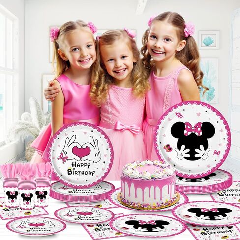 168pcs Pink Mouse Party Party Supplies Girls Birthday Plates Napkins Paper 1st 2nd 3rd Tableware Set Party Birthday Party Stariber Mathware Service 24 ضيفًا in Kuwait