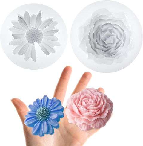 Daisy Flower Silicone Mold, 2 PCS White Chrysanthemum Fondant Cake Molds Blooming 3D Flower Fondant Chocolate Candle Decoration Mold for DIY Soap Candle Beeswax Resin Craft (1 Daisy 1 Peony) in Saudi Arabia