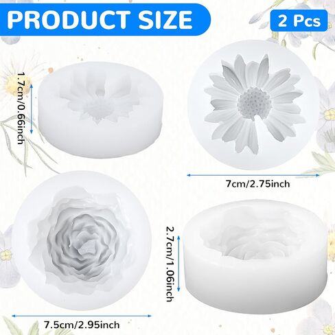 Daisy Flower Silicone Mold, 2 PCS White Chrysanthemum Fondant Cake Molds Blooming 3D Flower Fondant Chocolate Candle Decoration Mold for DIY Soap Candle Beeswax Resin Craft (1 Daisy 1 Peony) in Saudi Arabia