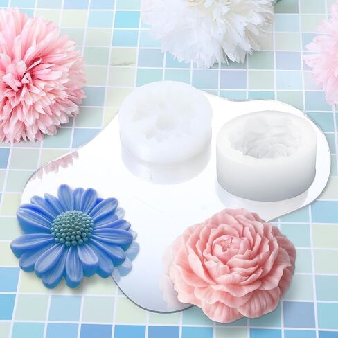 Daisy Flower Silicone Mold, 2 PCS White Chrysanthemum Fondant Cake Molds Blooming 3D Flower Fondant Chocolate Candle Decoration Mold for DIY Soap Candle Beeswax Resin Craft (1 Daisy 1 Peony) in Saudi Arabia