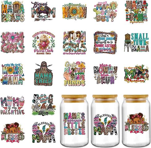 Mama UV DTF Cup Wrap - 20 Sheets Mama Is My Valentine UV DTF Tumbler لفات للزجاج 16 أوقية ، وشراب الآيس كريم ملصقات نقل ماء لزجاجة ماء مجلة القدح ديكور ديكورس عيد الأم. in Kuwait