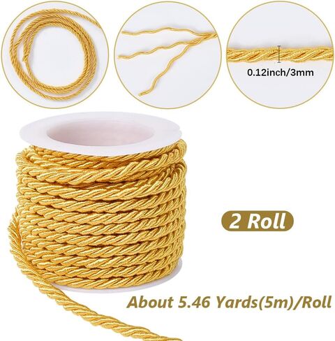 2 Rolls 3mm Gold Twine Cord Rope Braided Polyester Trim Xmas Thread String Twist Shiny Yellow Satin Twine Nylon Decorative Twined Cord for Sewing Making Crafts Supplies Home Decorations in Kuwait