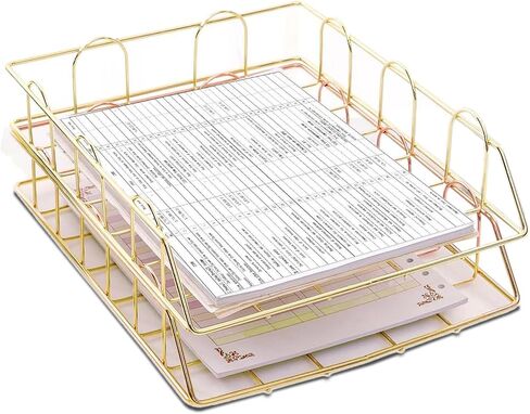 Premium 2 Pack Stackable Letter Tray Paper Organizer, Metal Desk Organizer Tray for Letter/A4 Paper Storage, Perfect for Office, School, Home (Gold) in Saudi Arabia