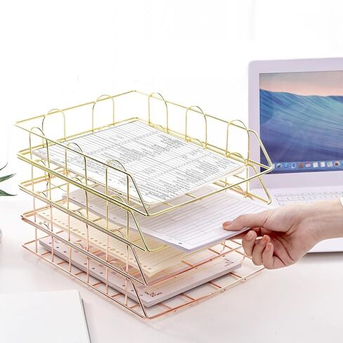 Premium 2 Pack Stackable Letter Tray Paper Organizer, Metal Desk Organizer Tray for Letter/A4 Paper Storage, Perfect for Office, School, Home (Gold) in Saudi Arabia
