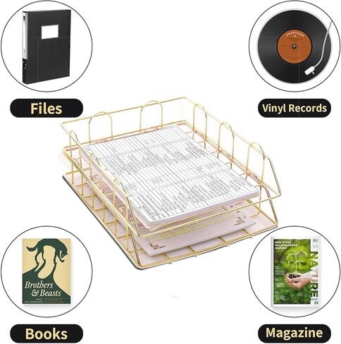 Premium 2 Pack Stackable Letter Tray Paper Organizer, Metal Desk Organizer Tray for Letter/A4 Paper Storage, Perfect for Office, School, Home (Gold) in Saudi Arabia