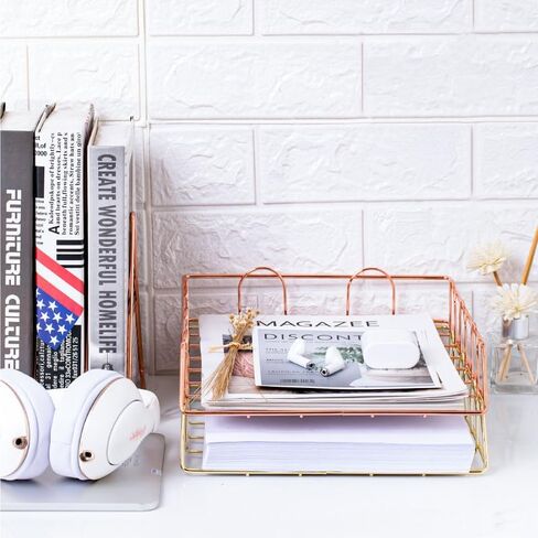 Premium 2 Pack Stackable Letter Tray Paper Organizer, Metal Desk Organizer Tray for Letter/A4 Paper Storage, Perfect for Office, School, Home (Gold) in Saudi Arabia
