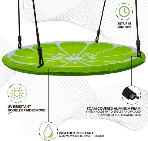 Swurfer Slice - Giant 40" Round Colorful Saucer Tree Swing with Soft Padded Edge, Weather Resistant Quick Drying Fabric, Tool Free Assembly, Holds 500lbs and Up to 4 Kids in Kuwait