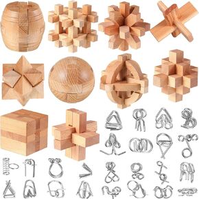 34 PCS Metal Brain Deaser Bashles for Kids Adult 3D Wooden Game Games Puzzle Cube Wooden Brain Games Block Metal Wire Unlock Interlock Game Logic Logic Mind Mind Desktop Toys