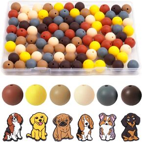 60Pcs Silicone Beads and Dog Shaped Focal Beads for Pen Set, Adorable Dog Designs (12 pcs) & 48 Silicone Beads for DIY Bracelet, Keychain, Necklace Making, Craft Projects