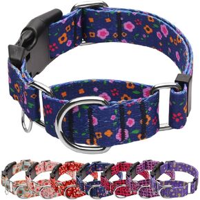 Martingale Dog Collar with TAG Ring - Adjustable Soft Nylon No-Slip Design for Small, Medium & Large Dogs, Red Flower M