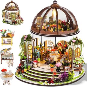 Miniature House Kit Hanging Garden, DIY Miniature Dollhouse Kit for Adults with Furniture & LED Lights, Wooden Craft Gifts for Adults Women Teens