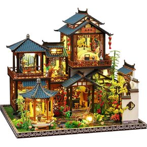 طقم منزل مصغرة DIY: مجموعة فيلا صغيرة منزل مع LED LID - DIY Wooden Dollhouse Miniature Kit للبالغين في سن المراهقة ، الحرف الخشبية خمر فناء مجموعة البيت ، هدية يدويًا يدوياً مصنوعة يدويًا