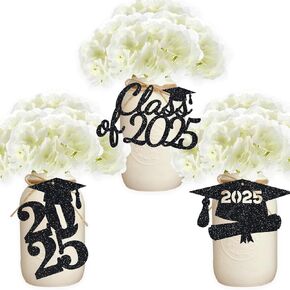 Black Grad Tags Class of Graduation Party Decorations Glitter Centerpiece Paper Label Table Ideas